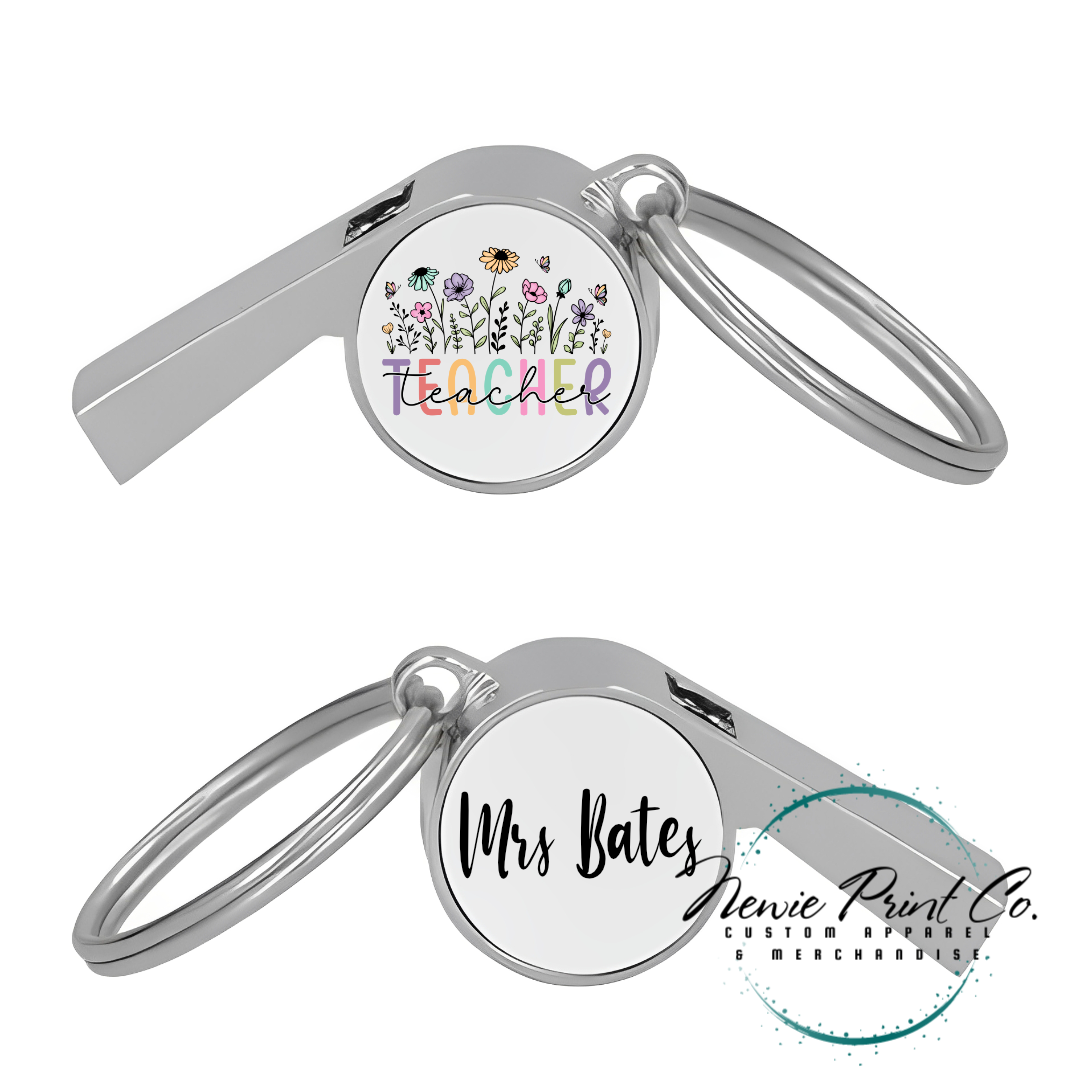 Custom printed whistle keyring gift for coach or teacher, personalised with name and team logo, displayed in gift box from Newie Print Co.
