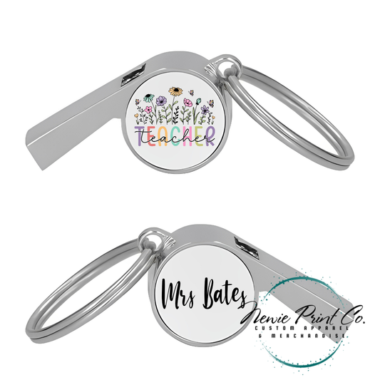 Custom printed whistle keyring gift for coach or teacher, personalised with name and team logo, displayed in gift box from Newie Print Co.
