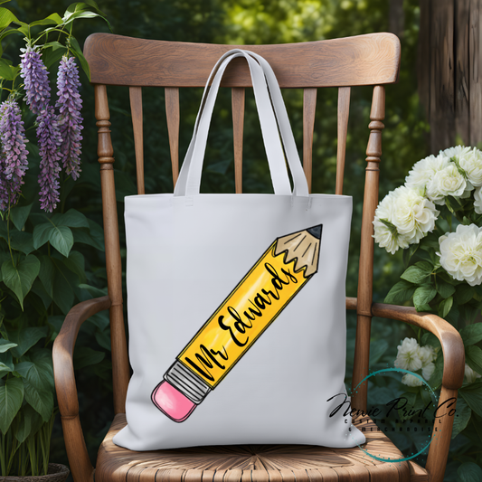 Custom printed tote bag with lead hb pencil design and teacher name