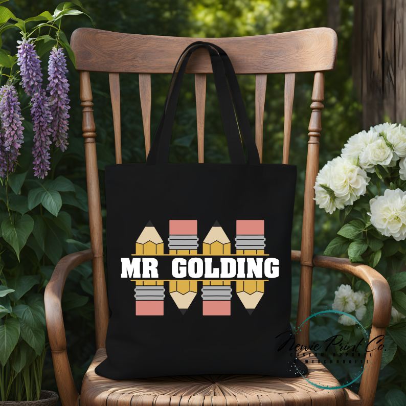 custom teacher tote with pencil design