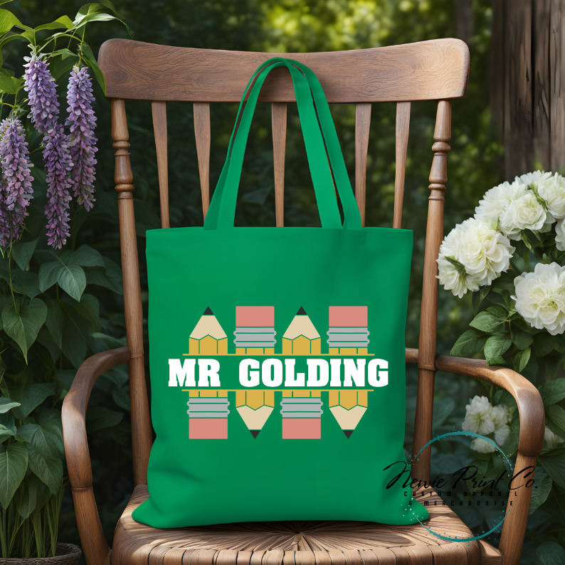 custom teacher tote with pencil design