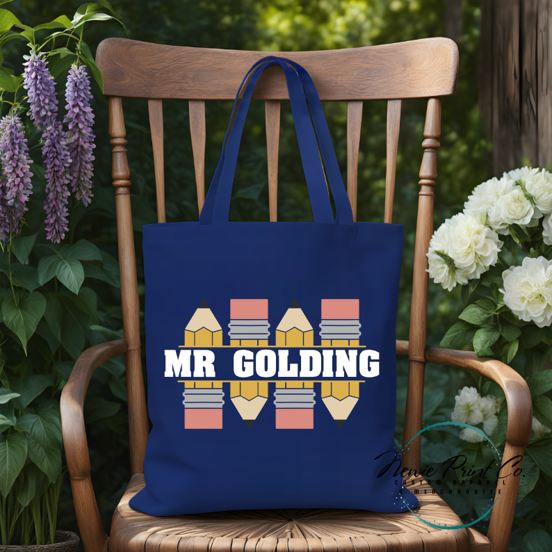 custom teacher tote with pencil design