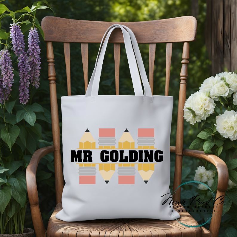 custom teacher tote with pencil design