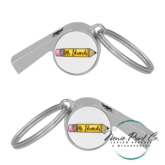 Custom printed whistle keyring gift for coach or teacher, personalised with name and team logo, displayed in gift box from Newie Print Co.