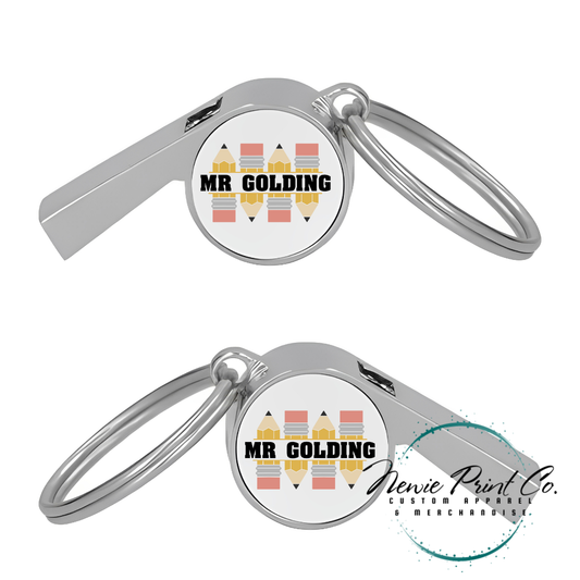 Custom printed whistle keyring gift for coach or teacher, personalised with name and team logo, displayed in gift box from Newie Print Co.