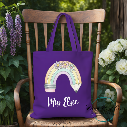 Custom printed tote with a pastel rainbow pencil and flowers teacher name or student name