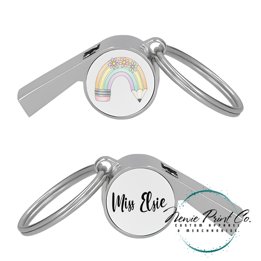 Custom printed whistle keyring gift for coach or teacher, personalised with name and team logo, displayed in gift box from Newie Print Co.