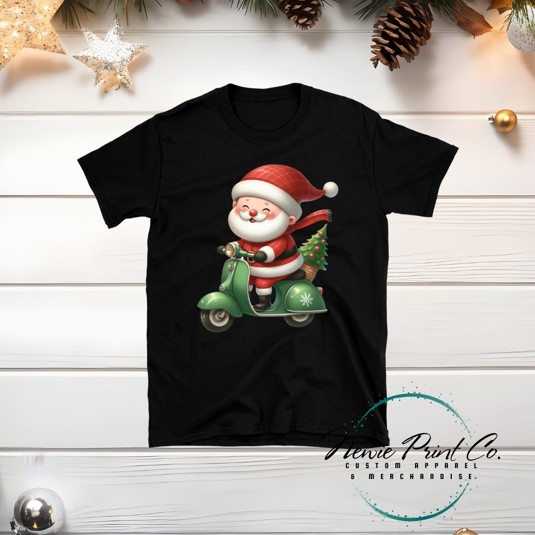 Santa Riding Green Scooter - Christmas T-shirt