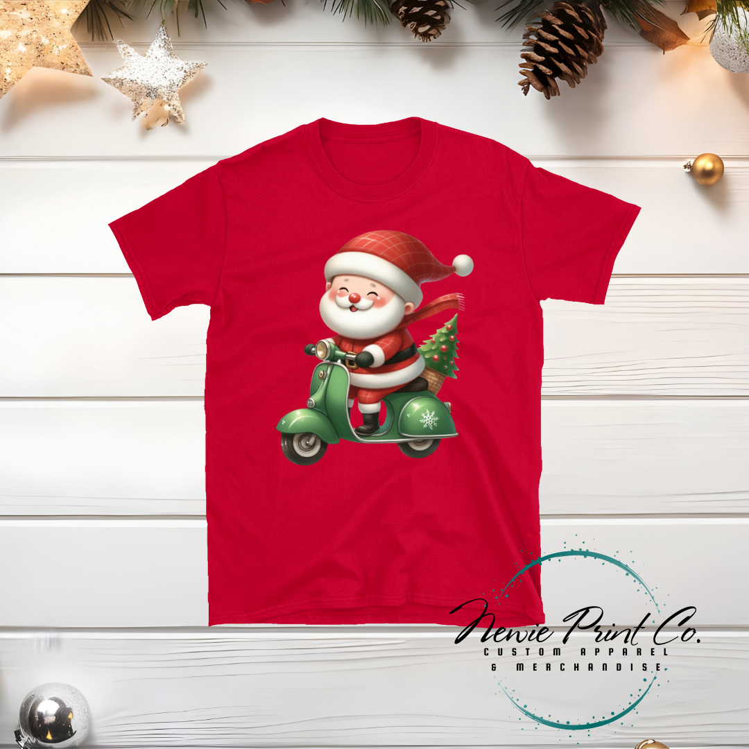 Santa Riding Green Scooter - Christmas T-shirt
