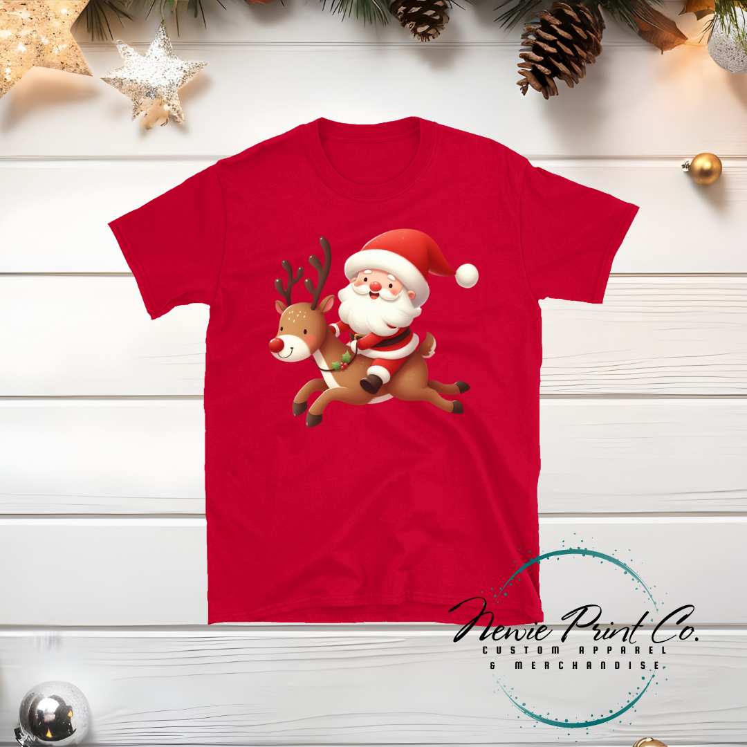 Santa Riding Reindeer - Christmas T-shirt