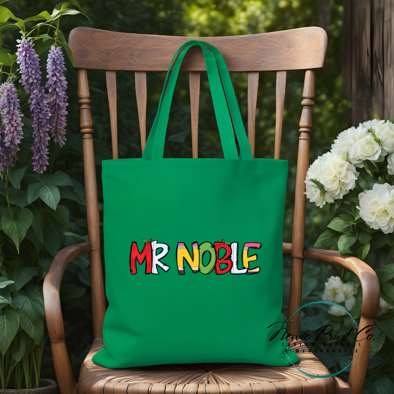 custom printed tote for teacher with school themed font