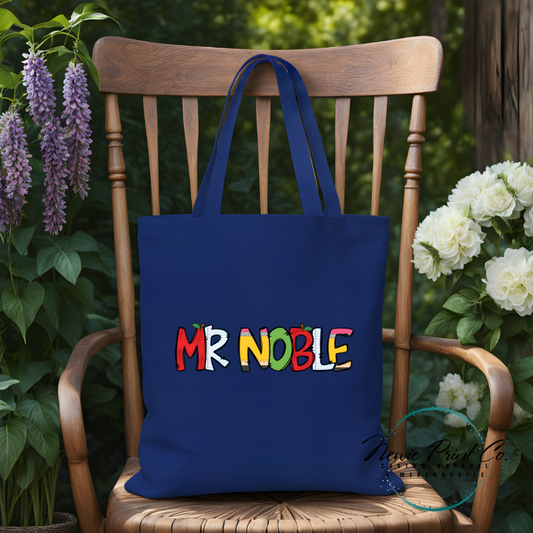 custom printed tote for teacher with school themed font