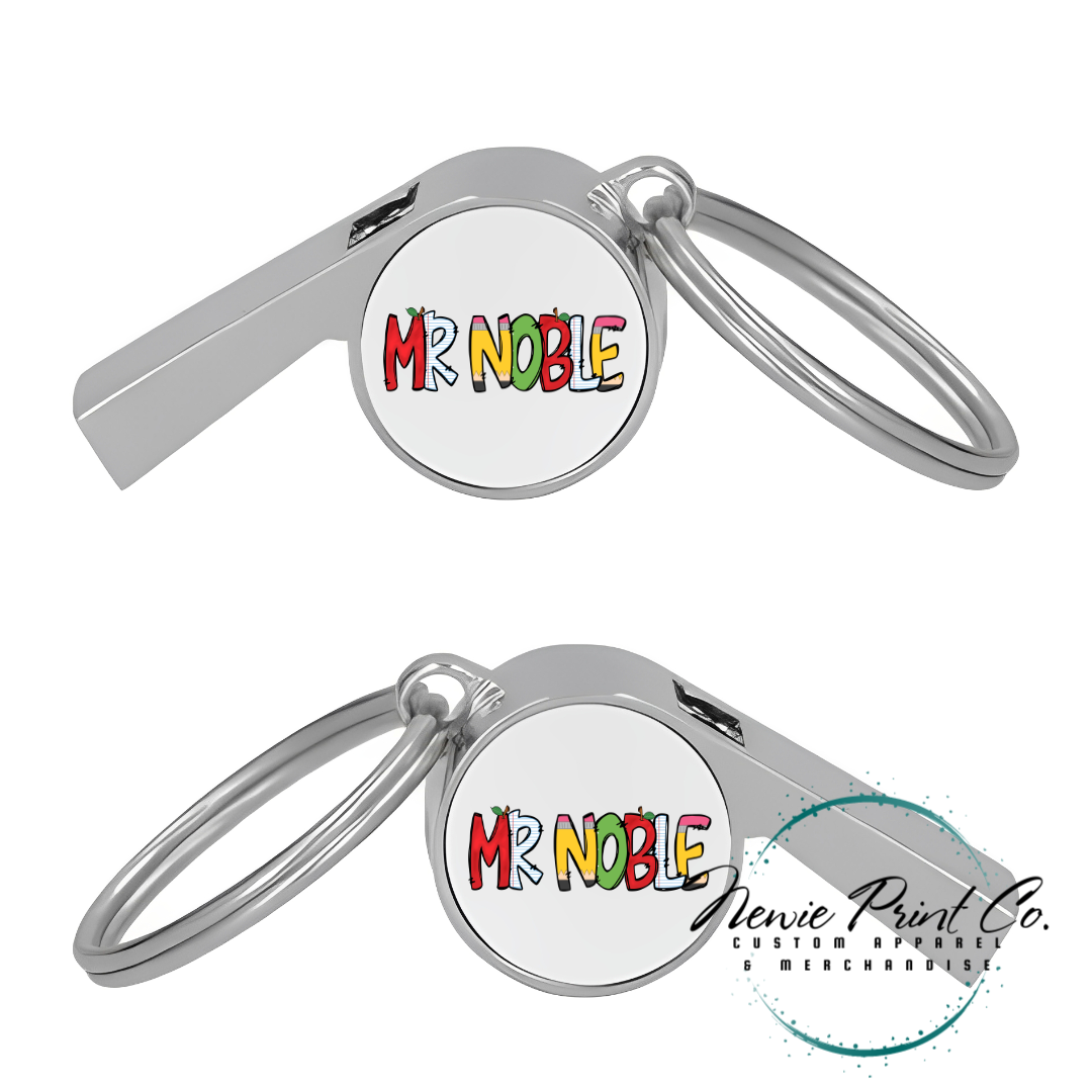 Custom printed whistle keyring gift for coach or teacher, personalised with name and team logo, displayed in gift box from Newie Print Co.
