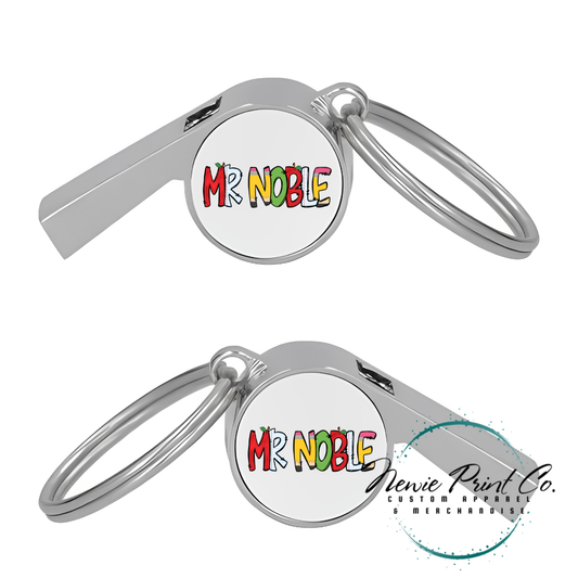 Custom printed whistle keyring gift for coach or teacher, personalised with name and team logo, displayed in gift box from Newie Print Co.