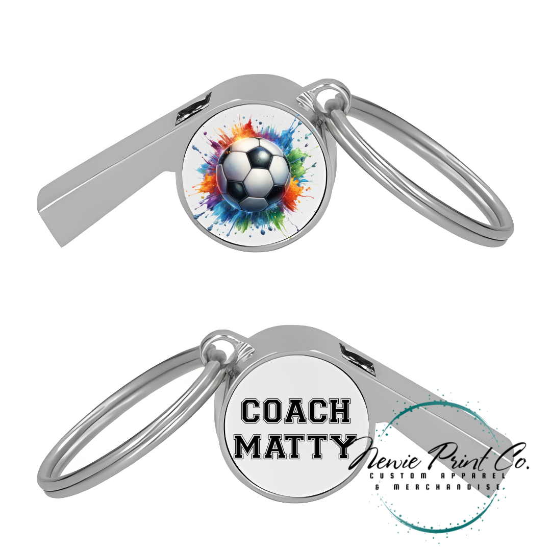 Custom printed whistle keyring gift for coach or teacher, personalised with name and team logo, displayed in gift box from Newie Print Co.