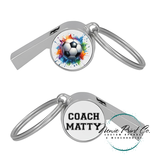 Custom printed whistle keyring gift for coach or teacher, personalised with name and team logo, displayed in gift box from Newie Print Co.