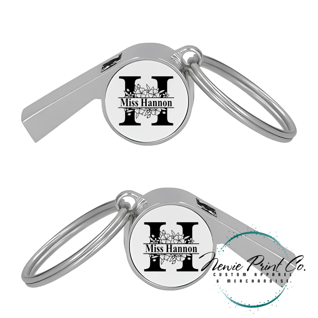 Custom printed whistle keyring gift for coach or teacher, personalised with name and team logo, displayed in gift box from Newie Print Co.