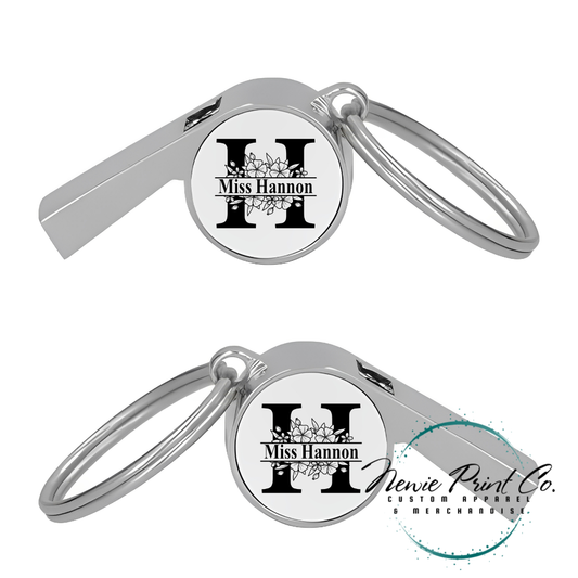 Custom printed whistle keyring gift for coach or teacher, personalised with name and team logo, displayed in gift box from Newie Print Co.