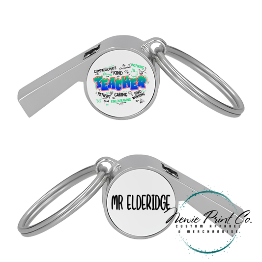 Custom printed whistle keyring gift for coach or teacher, personalised with name and team logo, displayed in gift box from Newie Print Co.