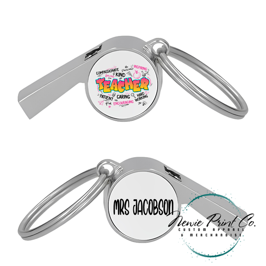 Custom printed whistle keyring gift for coach or teacher, personalised with name and team logo, displayed in gift box from Newie Print Co.