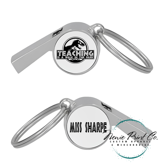 Custom printed whistle keyring gift for coach or teacher, personalised with name and team logo, displayed in gift box from Newie Print Co.