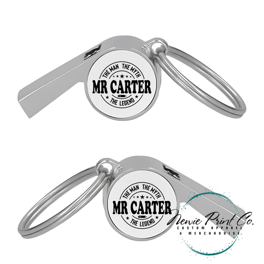 Custom printed whistle keyring gift for coach or teacher, personalised with name and team logo, displayed in gift box from Newie Print Co.