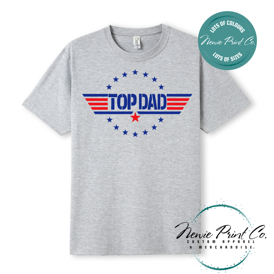 Customisable t-shirt and jumper with bold “Top Dad” text and optional personalised name or message. Printed on soft, high-quality cotton using durable DTF/DTG printing. Perfect gift for Father’s Day, birthdays, or new dads.