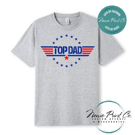 Customisable t-shirt and jumper with bold “Top Dad” text and optional personalised name or message. Printed on soft, high-quality cotton using durable DTF/DTG printing. Perfect gift for Father’s Day, birthdays, or new dads.