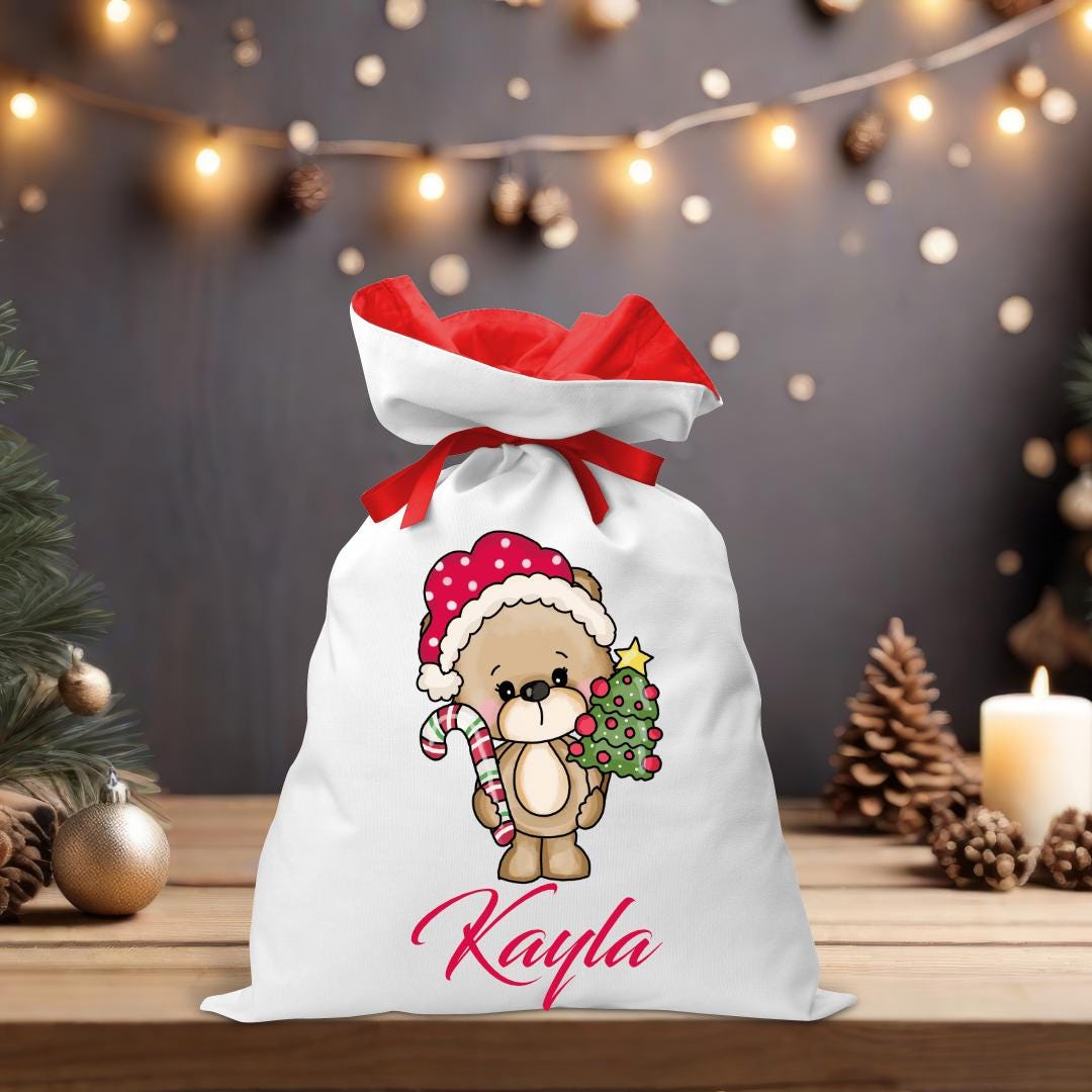 Bear with Candy Cane Coloured Santa Sack - Personalised