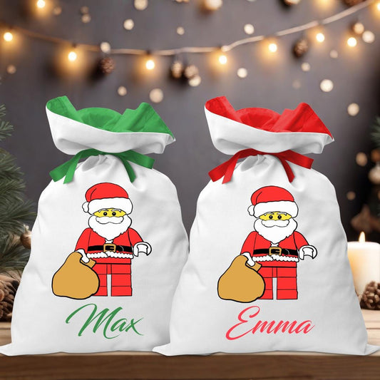 Santa Riding Blue Dino Coloured Santa Sack - Personalised