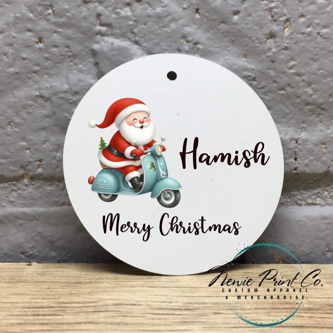 Personalised Ornament Santa Riding Blue Scooter - Christmas Keepsake
