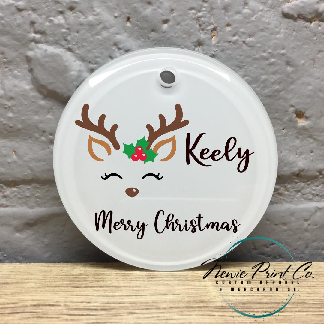 Reindeer with Holly Personalised Ceramic Ornament - Christmas Keepsake