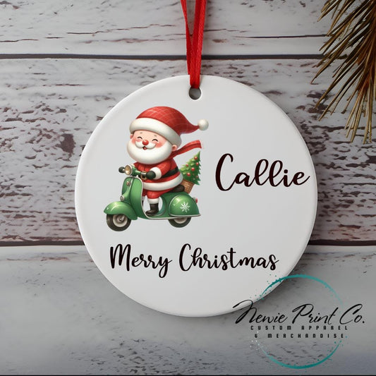 Santa Riding Green Scooter Personalised Ornament - Christmas Keepsake