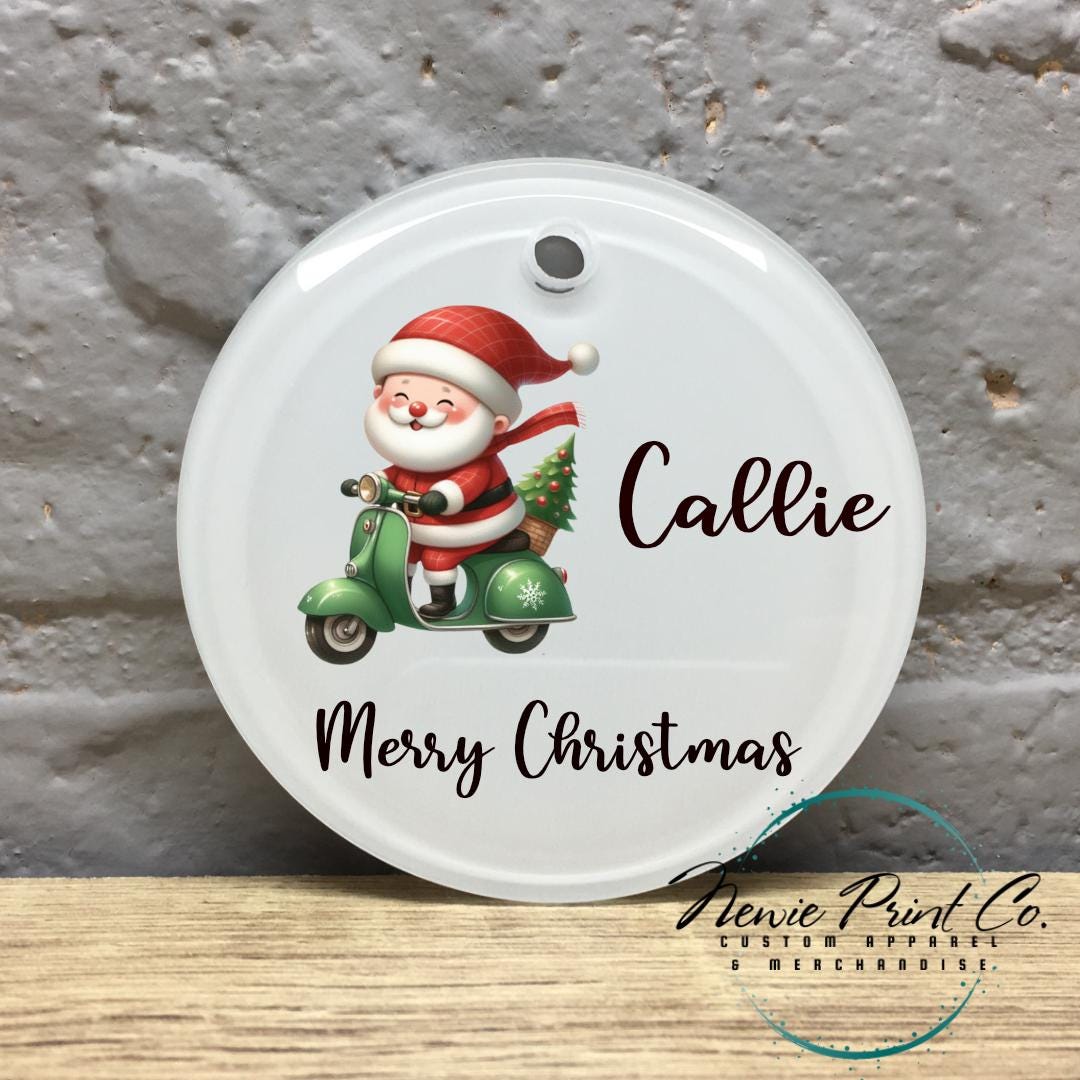 Santa Riding Green Scooter Personalised Ornament - Christmas Keepsake
