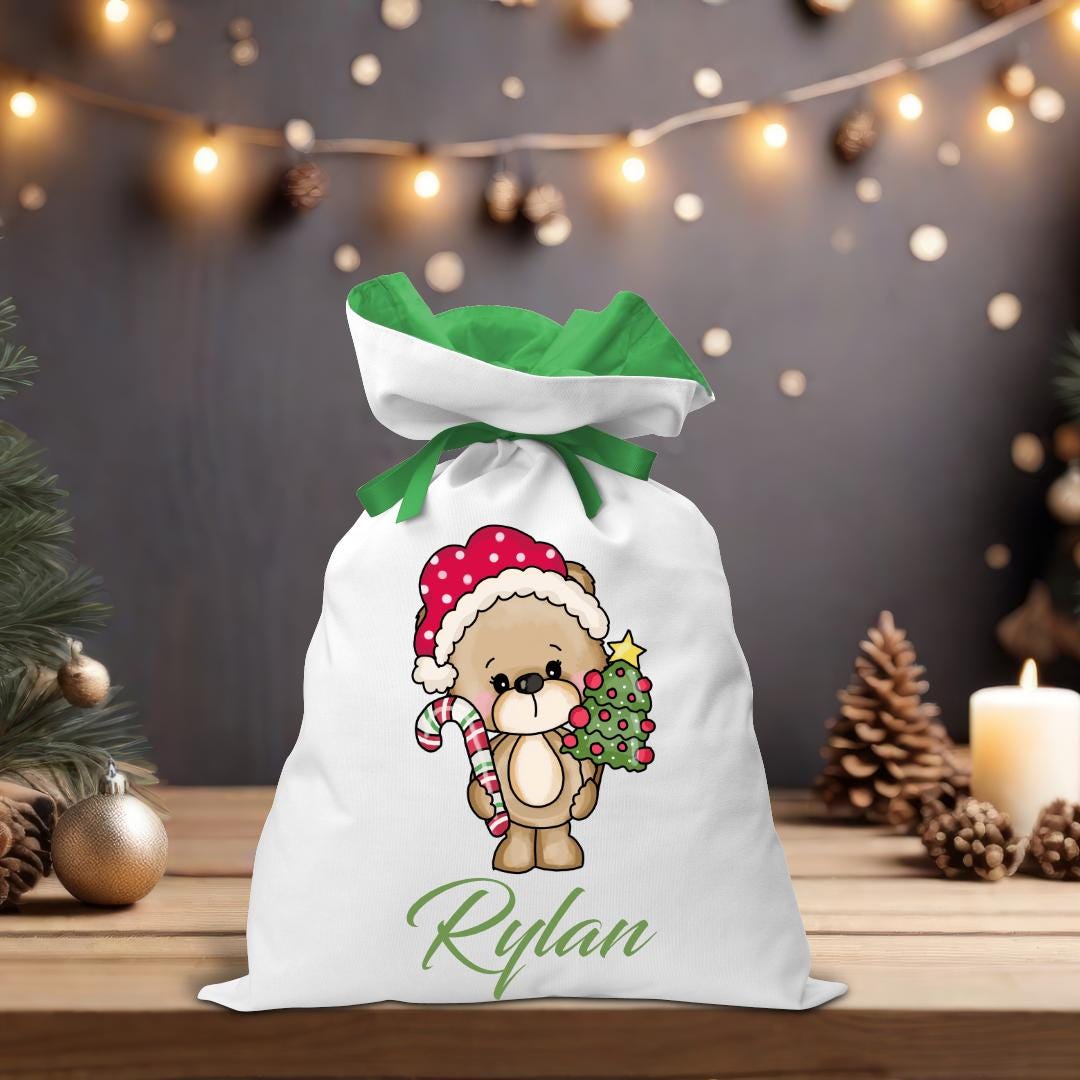Bear with Candy Cane Coloured Santa Sack - Personalised