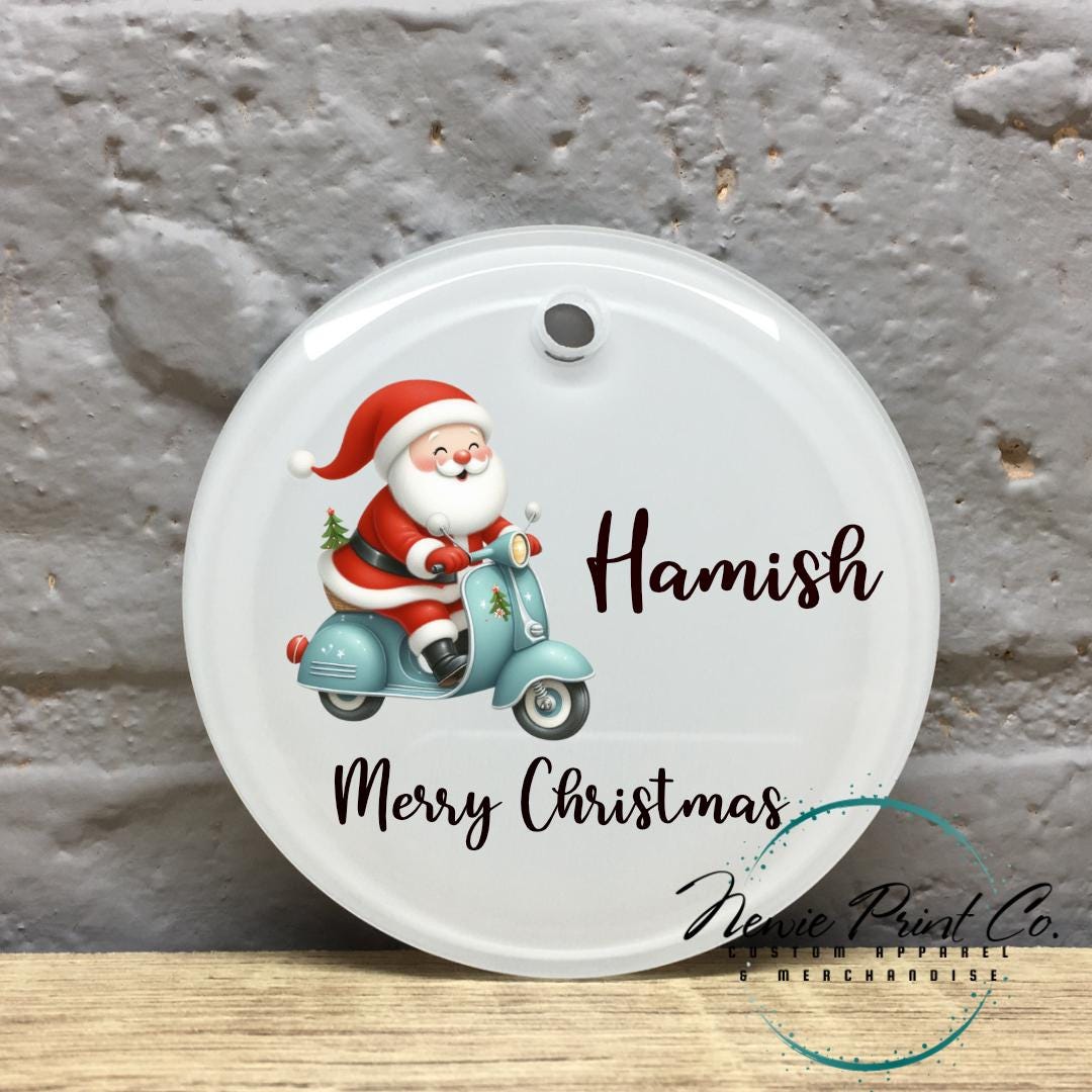Personalised Ornament Santa Riding Blue Scooter - Christmas Keepsake