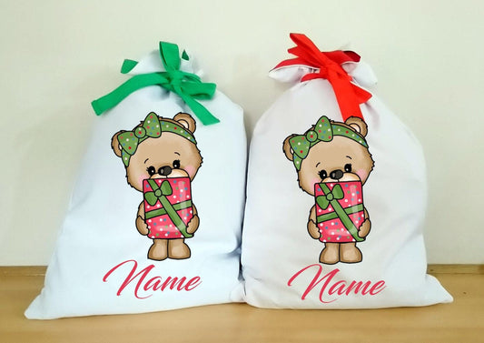 Bear with Present Coloured Santa Sack - Personalised