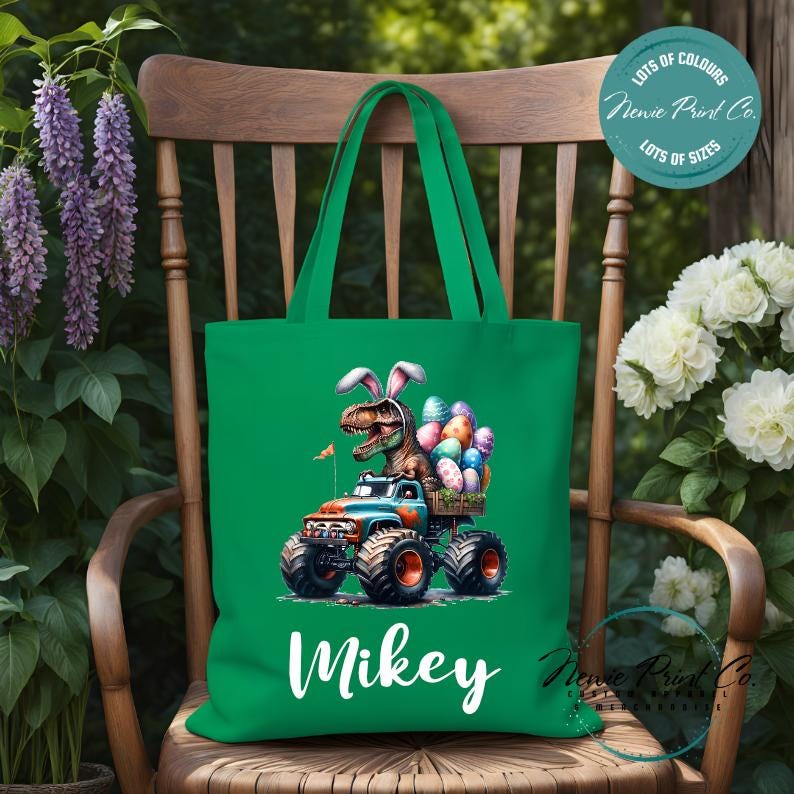 Monster Truck Dino - Easter Personalized Tote/Library Bag