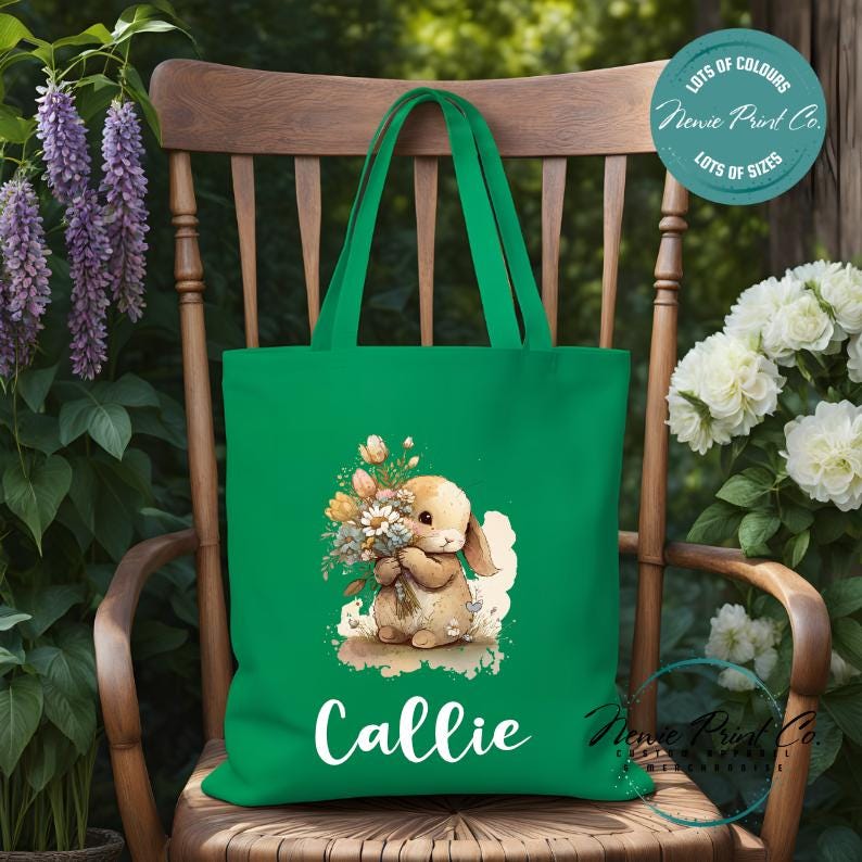Flower Bunny - Easter Personalized Tote/Library Bag