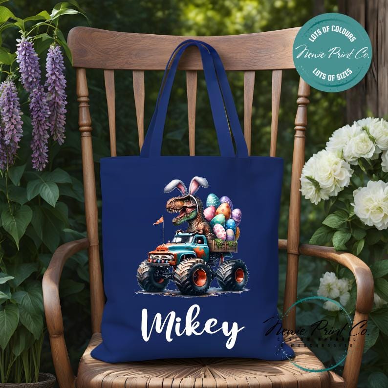 Monster Truck Dino - Easter Personalized Tote/Library Bag
