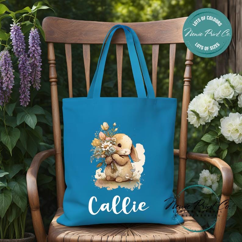 Flower Bunny - Easter Personalized Tote/Library Bag