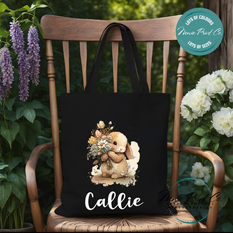 Flower Bunny - Easter Personalized Tote/Library Bag