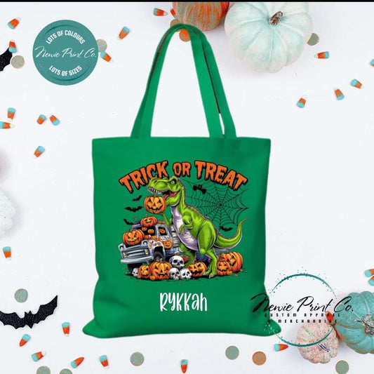 Custom Halloween tote bag with optional personalised name printed on the front, perfect for trick-or-treating or spooky season gifts