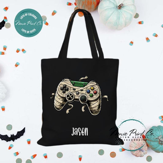 Custom Halloween tote bag with optional personalised name printed on the front, perfect for trick-or-treating or spooky season gifts