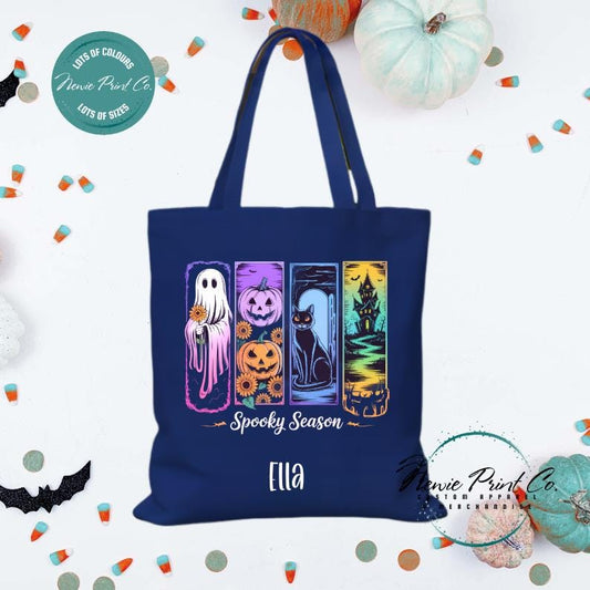 Custom Halloween tote bag with optional personalised name printed on the front, perfect for trick-or-treating or spooky season gifts