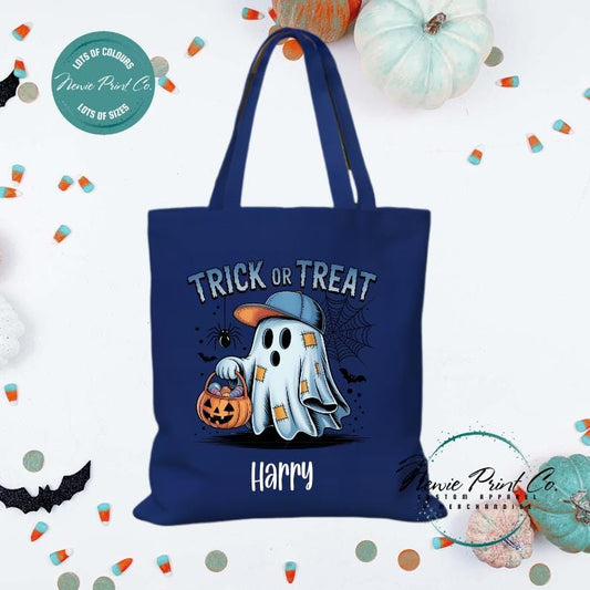 Custom Halloween tote bag with optional personalised name printed on the front, perfect for trick-or-treating or spooky season gifts
