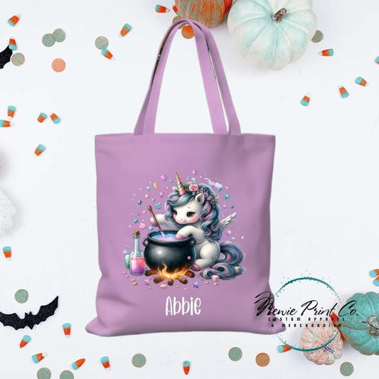 Custom Halloween tote bag with optional personalised name printed on the front, perfect for trick-or-treating or spooky season gifts
