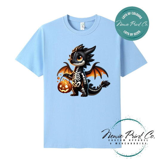 Custom Halloween t-shirts printed in Australia, featuring a cute but spooky black and orange dragon, and optional personalised names underneath - perfect for Halloween parties, school events, or family matching outfits.