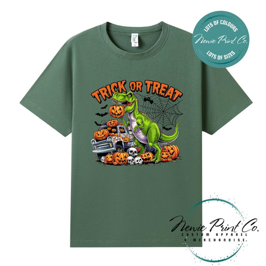 Custom Halloween t-shirts printed in Australia, featuring a spooky dinosaur and monster truck design and optional personalised names — perfect for Halloween parties, school events, or family matching outfits.