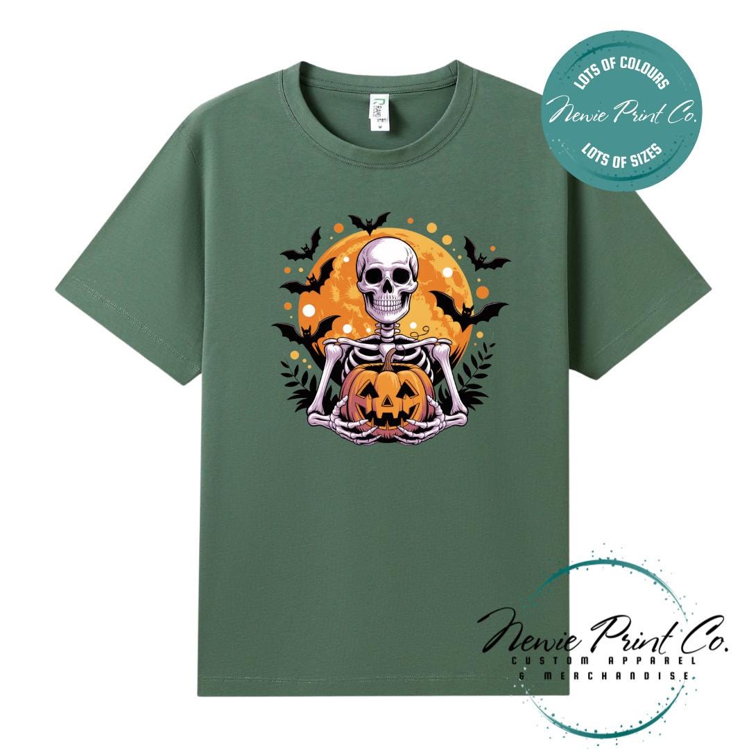Custom Halloween t-shirts printed by Newie Print Co, featuring spooky designs and optional personalised names — perfect for Halloween parties, school events, or family matching outfits.